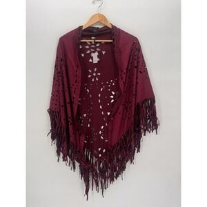 NWT Choies Laser Cut and Fringe Faux Suede Shawl Burgundy Cut Out Whisky Goth